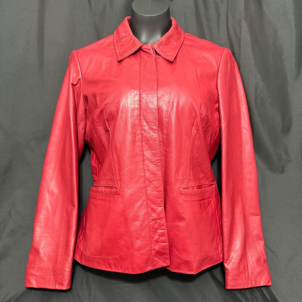 Nine West Red Leather Jacket, Size 6, Button Front, Super Soft